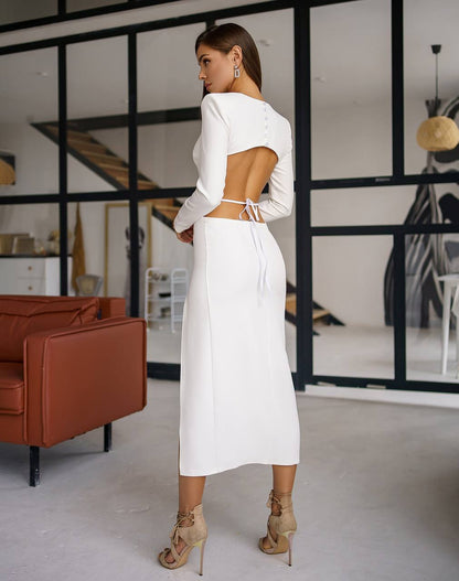 Women's Elegant Midi Dress in Milk Color with Open Back