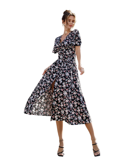 Womens Floral Printed Midi Dress with Short Puff Sleeves