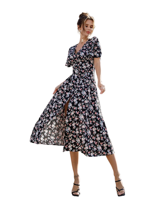 Womens Floral Printed Midi Dress with Short Puff Sleeves
