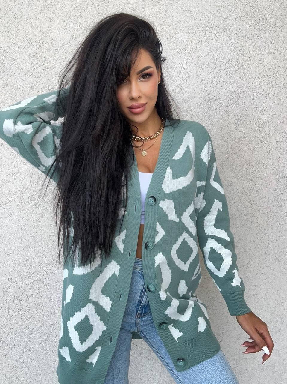 Womens Leo Cardigan Oversized Pattern Knit Sweater