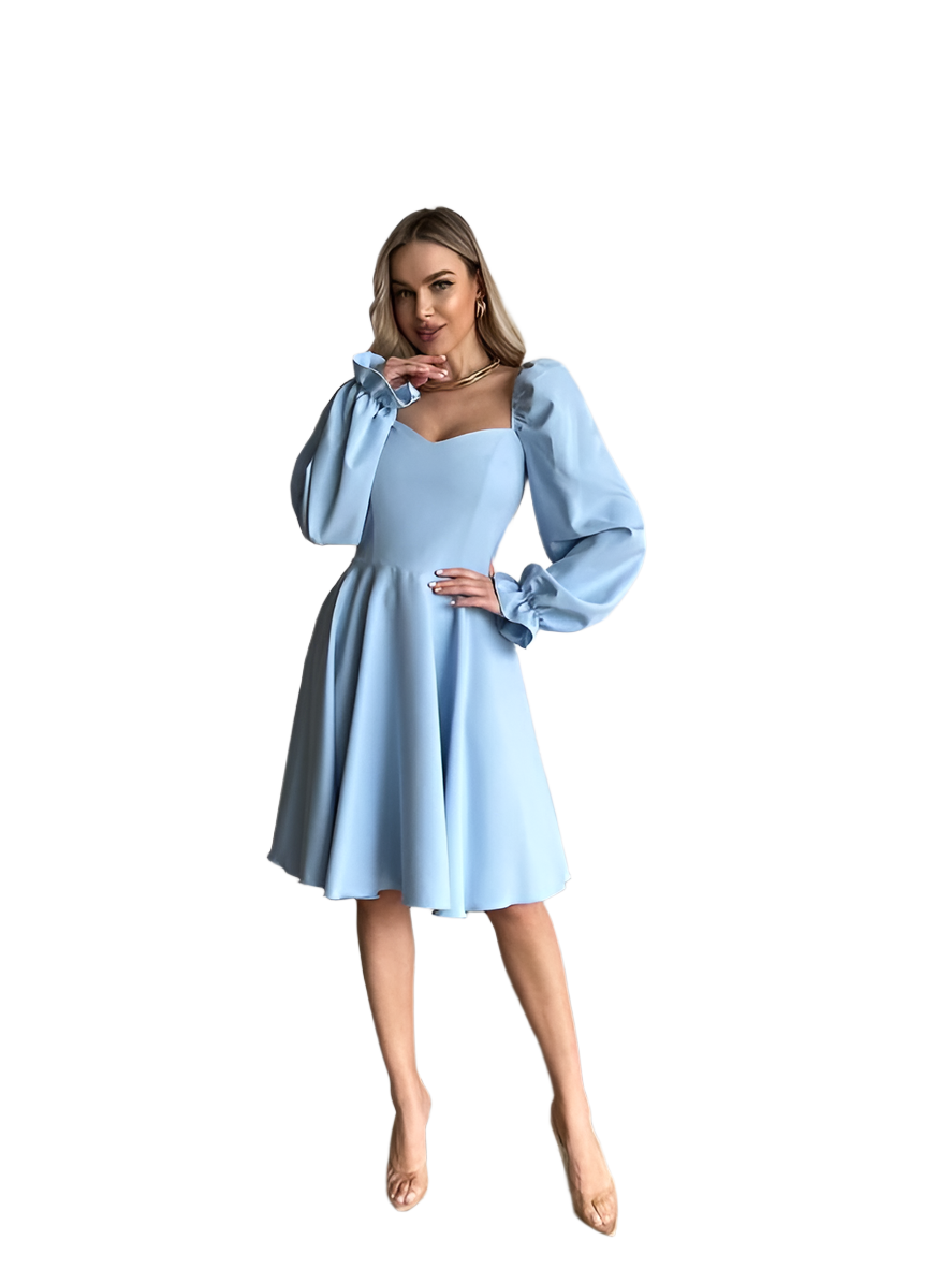Elegant Light Blue Fitted Dress with Flared Skirt