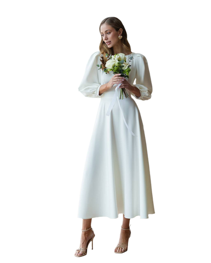 Woman in a white dress holding a bouquet of flowers on a white background