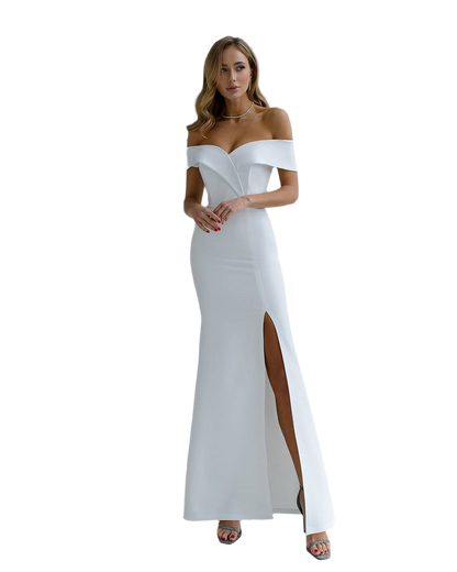 Elegant Off Shoulder Maxi Dress with Side Slit in White