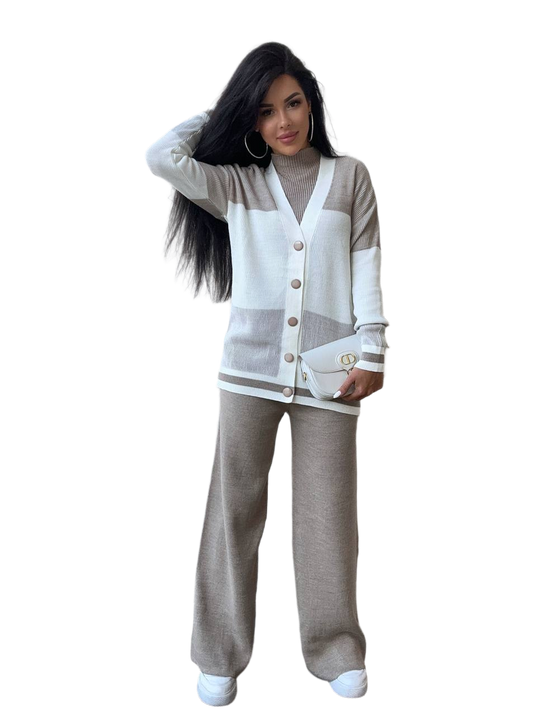 Dilan Women's Three-Piece Knit Suit with Cardigan Sleeveless Top and Pants