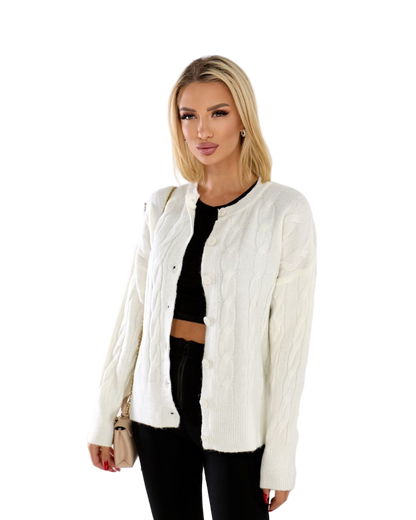 White Cable Knit Cardigan Button Front Cozy Autumn Sweater