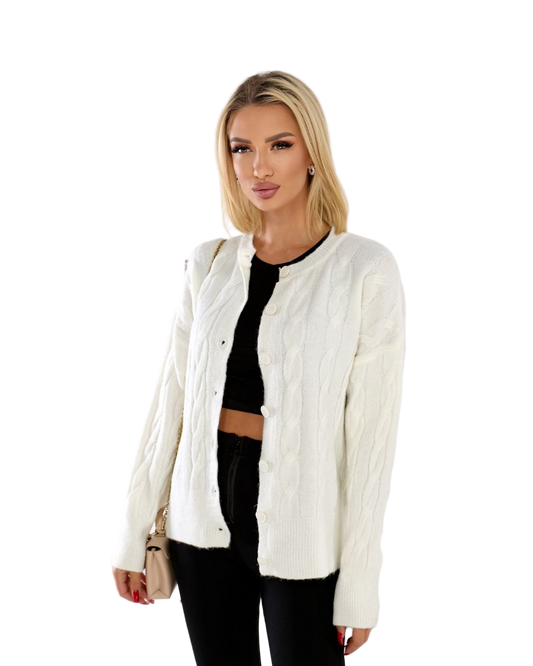 White Cable Knit Cardigan Button Front Cozy Autumn Sweater