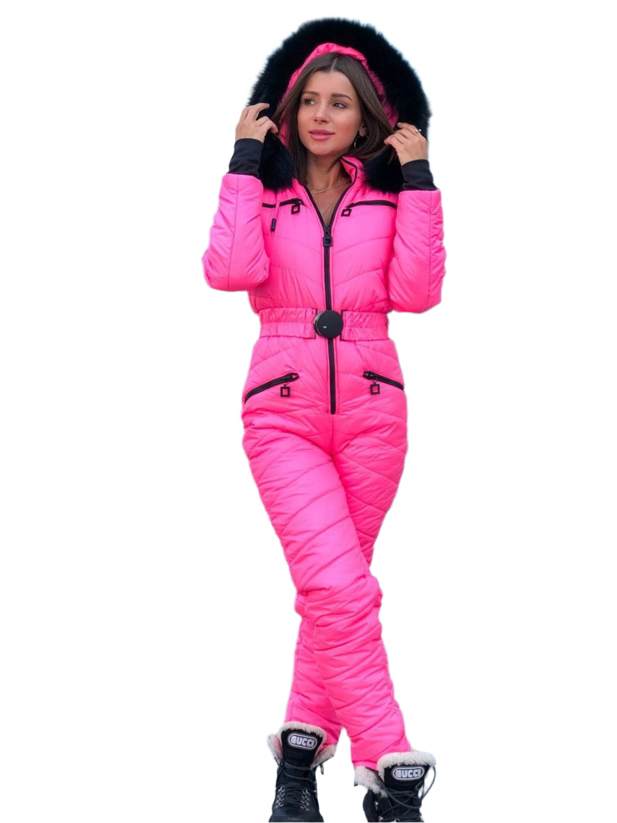 Womens Insulated Pink Ski Jumpsuit with Black Natural Fur Hood
