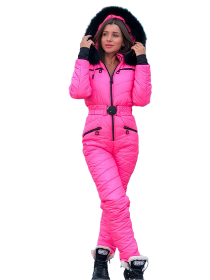Womens Insulated Pink Ski Jumpsuit with Black Natural Fur Hood