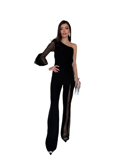 Black One Shoulder Sequin Beaded Jumpsuit for Women