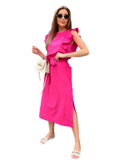 Pink Linen Summer Dress with Ruffle Sleeves and Side Pockets