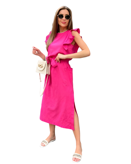 Pink Linen Summer Dress with Ruffle Sleeves and Side Pockets