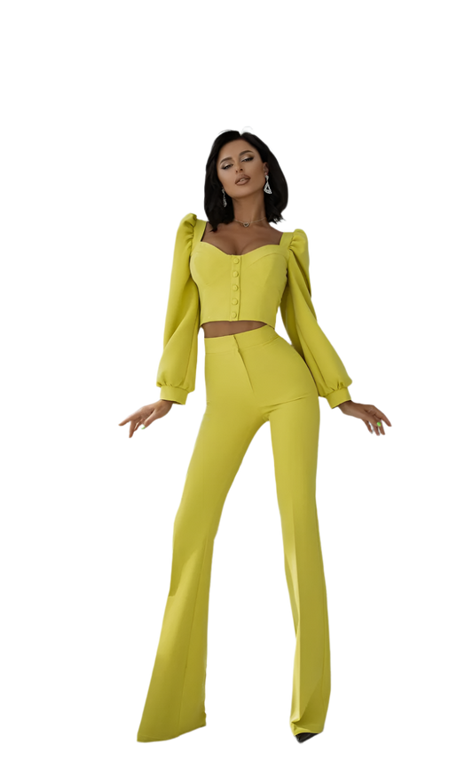 Womens Diagonal Crepe Blouse and Trousers Suit Lime Color