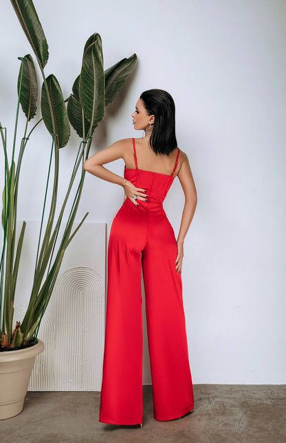 Women Jumpsuit Crystal in Mango Satin with Wide Legs and Spaghetti Straps