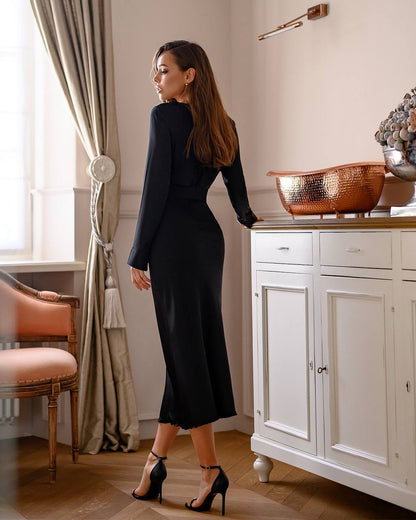 Elegant Black Silk Dress with Belt Long Sleeves Perfect for Formal Events