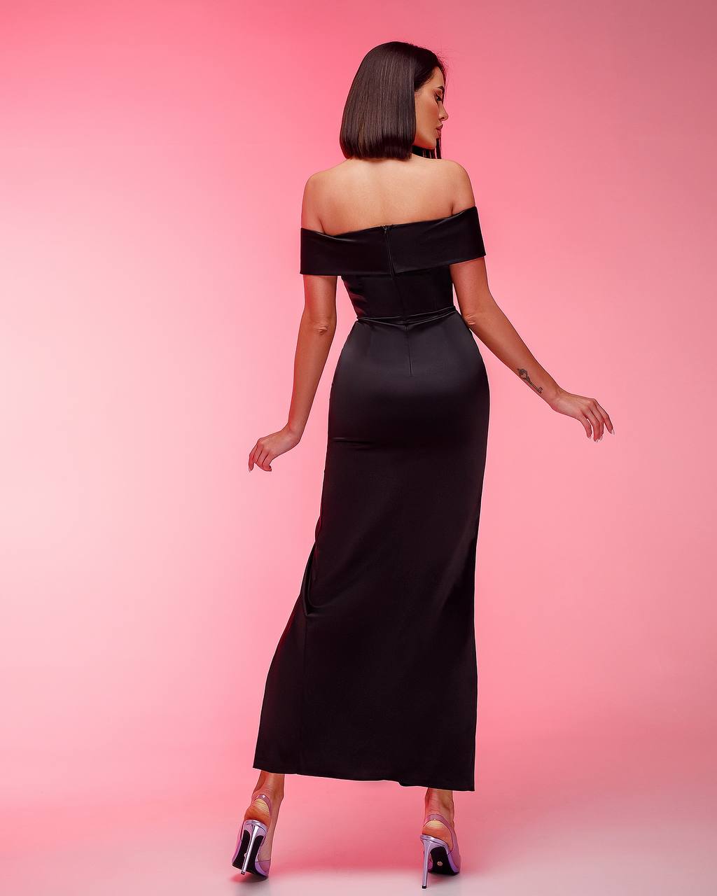 Elegant Women's Off Shoulder Maxi Dress with Side Slit in Black