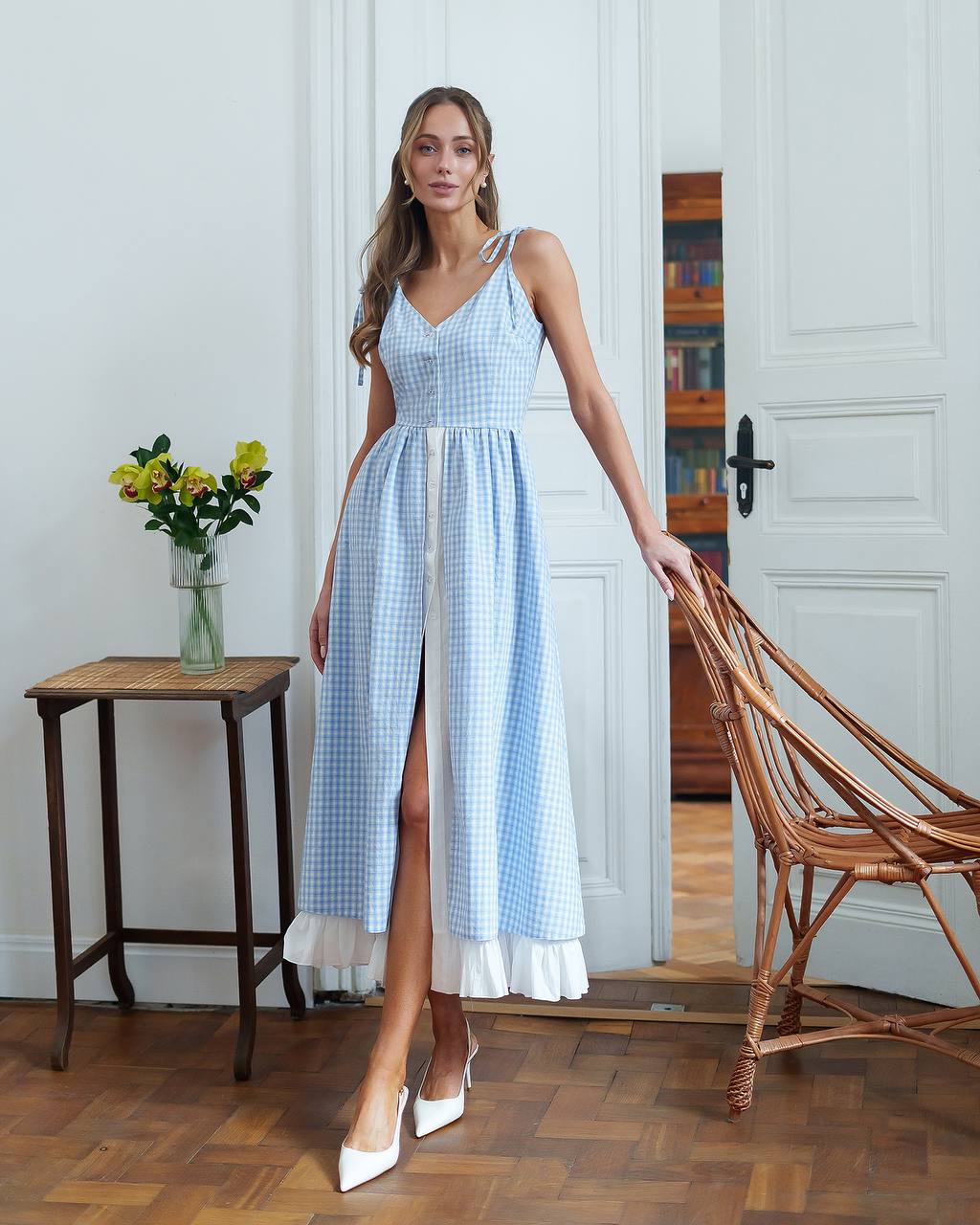 Cotton Checked Sundress with Crinkled Batiste Lining for Women