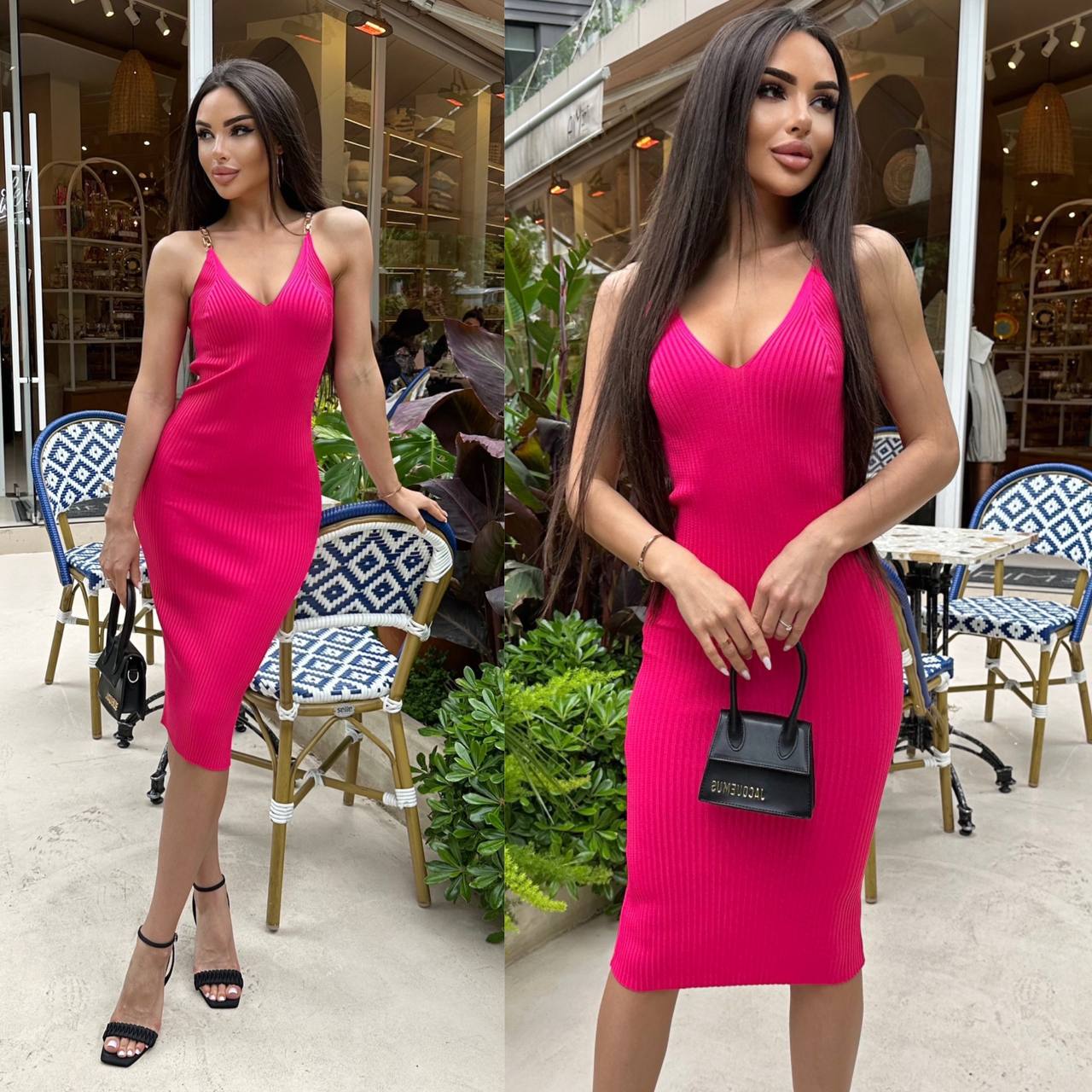 Woman wearing a bright pink dress in an outdoor setting