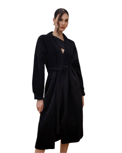 Silva Fluffy Black Long Cardigan with Belt for Women