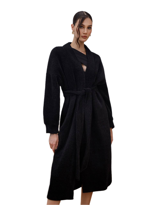 Silva Fluffy Black Long Cardigan with Belt for Women