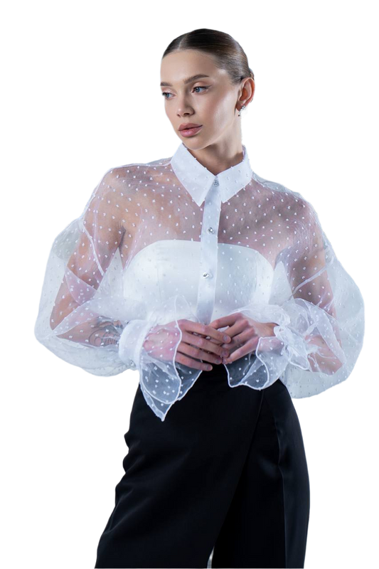 Stylish White Organza Shirt for Women with Polka Dot Design