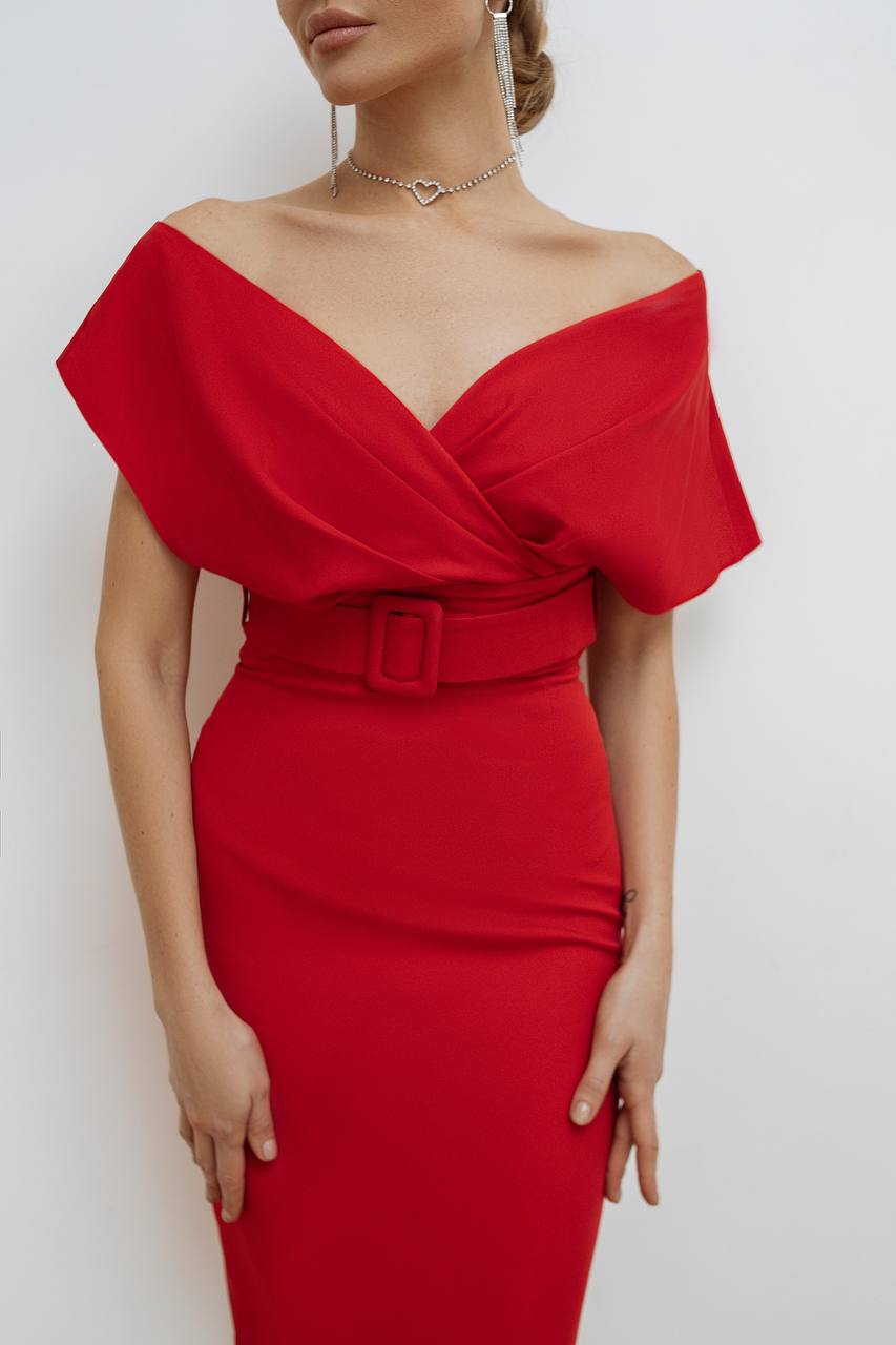 Red off-shoulder dress worn by a model on a white background