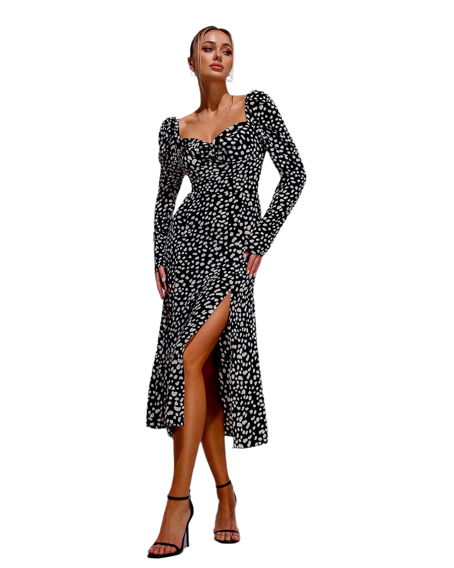 Black and Cream Stain Print Dress with Long Sleeves and Side Slit