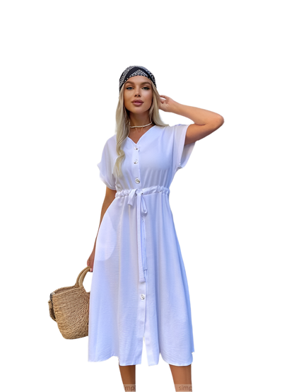 Lightweight White Midi Dress with Drawstring Waist