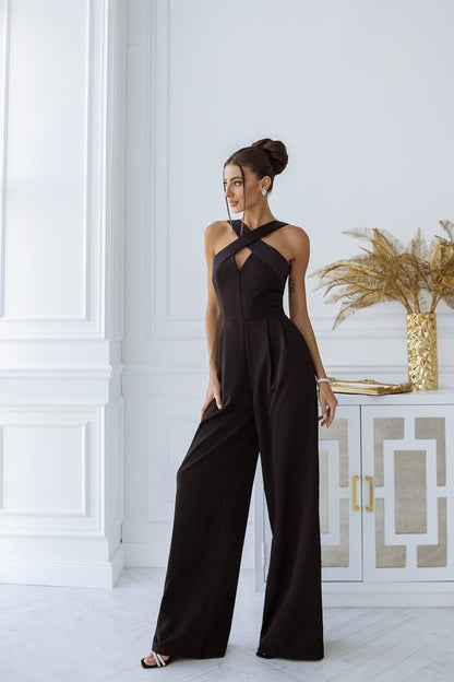 Electra Black Jumpsuit for Women with Satin Details