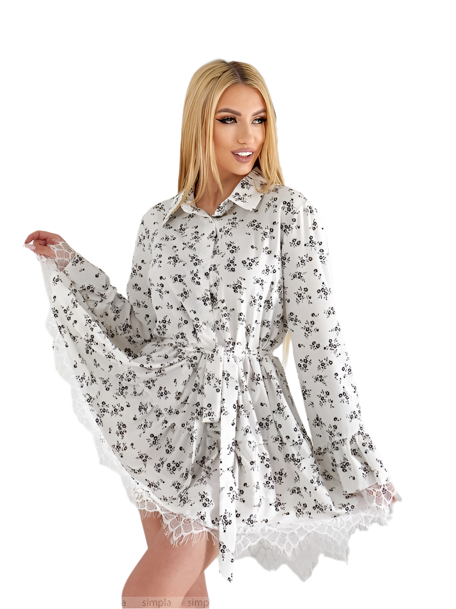 Stylish White Floral Shirt Dress with Lace Trim