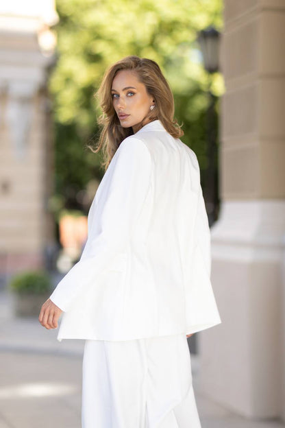 White Palazzo Suit Diagonal Crepe Womens Pantsuit with Premium Lining