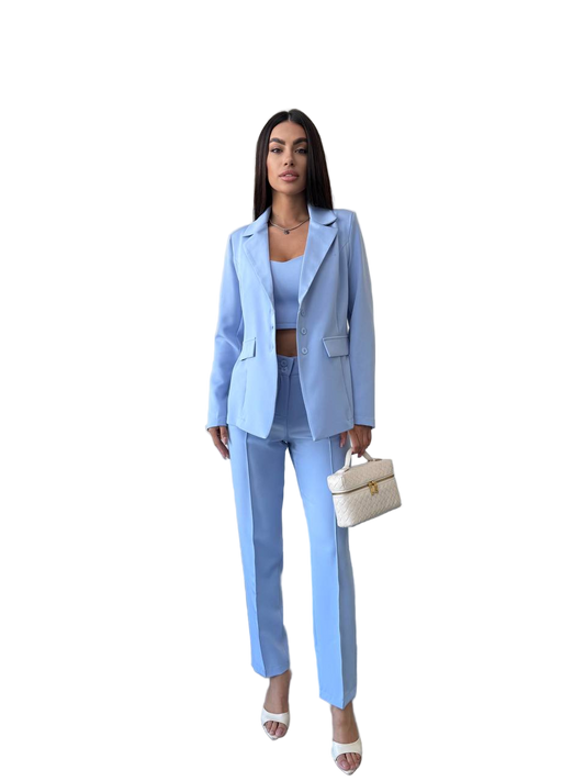 Light Blue Women's Three-Piece Suit Blazer Top and Pants