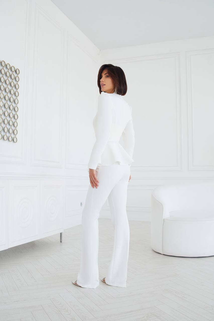 White Women Wedding Suit Bridal Elegant Cocktail Graduation Pantsuit Peplum Jacket High Waist Palazzo Pants