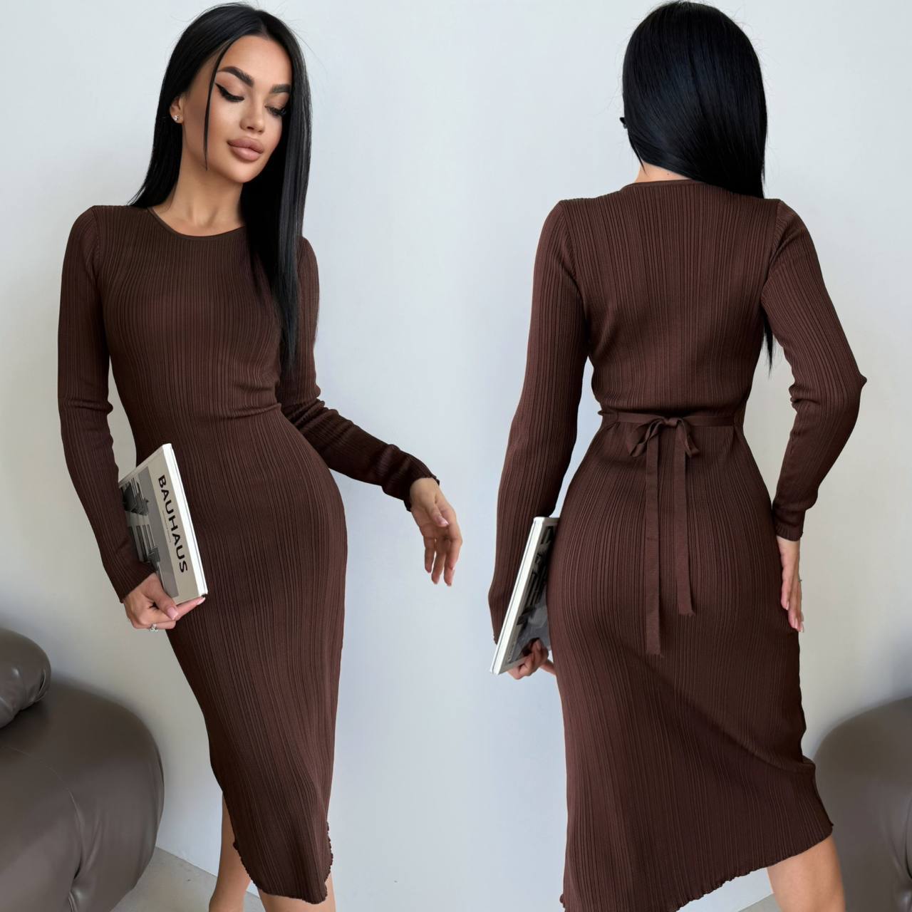 Woman wearing a brown ribbed dress holding a magazine, shown from front and back.