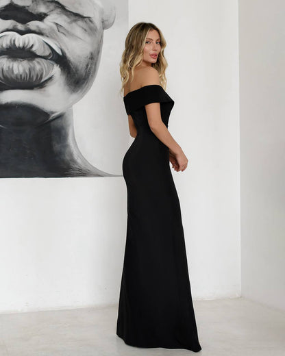 Elegant Off Shoulder Long Dress with Front Slit in Suiting Diagonal Crepe