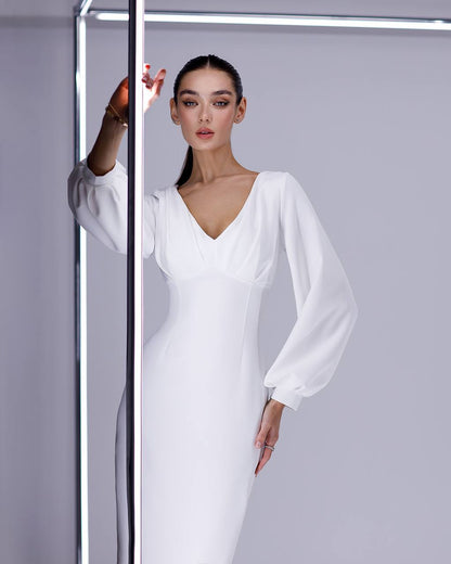Elegant White Midi Dress for Women in Premium Suiting Crepe Fabric