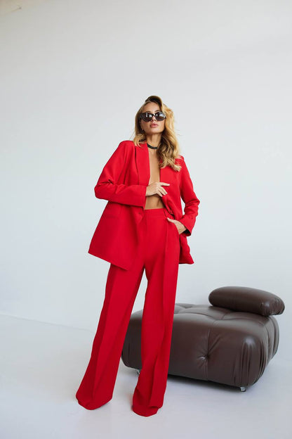 Red Diagonal Crepe Palazzo Suit Women Tailored Blazer Wide Leg Pants