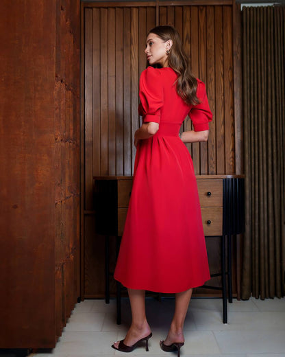 Elegant Red Midi Dress for Women with Puff Sleeves