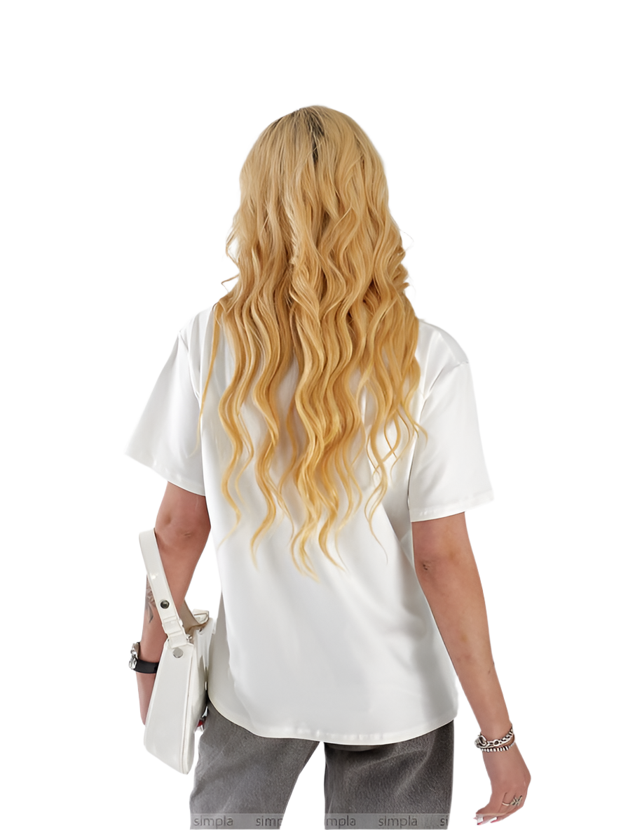Person wearing a white shirt with long blonde hair on a white background