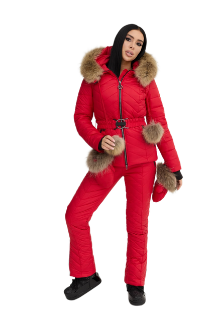 Womens Red Winter Warm Ski Snowboarding Suit Jacket and Pants with Natural Raccoon Fur Hood and Gloves
