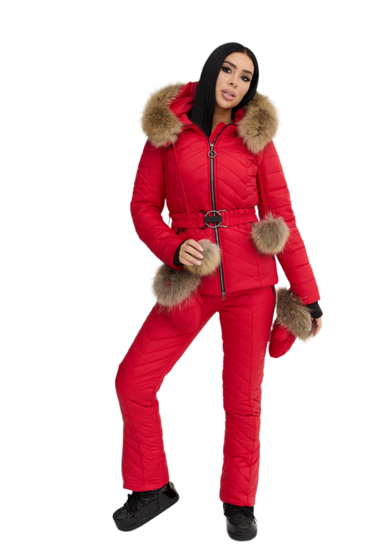 Womens Red Winter Warm Ski Snowboarding Suit Jacket and Pants with Natural Raccoon Fur Hood and Gloves