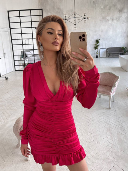 Elegant Red Silk Ruched Mini Dress with Long Sleeves and Ruffle Hem