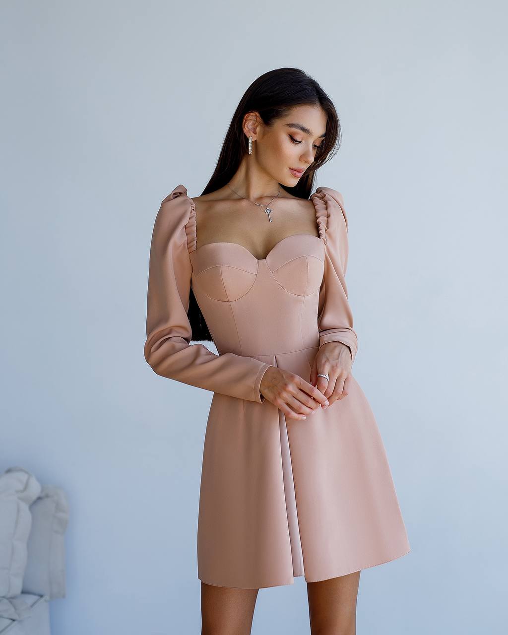 Elegant Mini Dress for Women Long Sleeve Suit Crepe with Silk Inserts