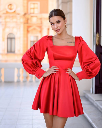Royal Mango Satin Mini Dress with Puff Sleeves for Women