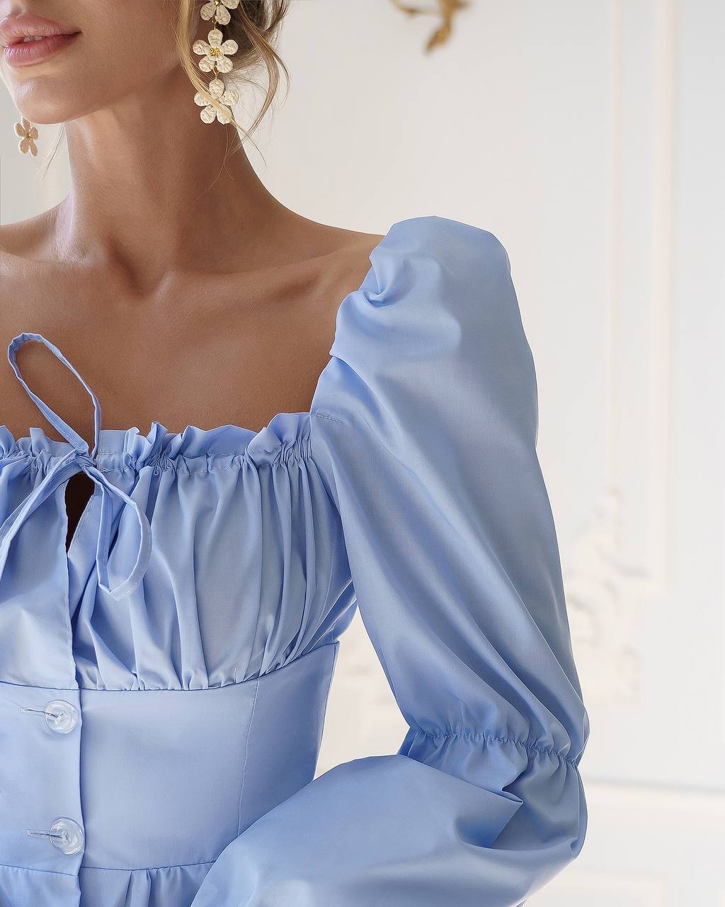 Blue Cotton Casual Dress with Puffy Sleeves and Ruffle Hem