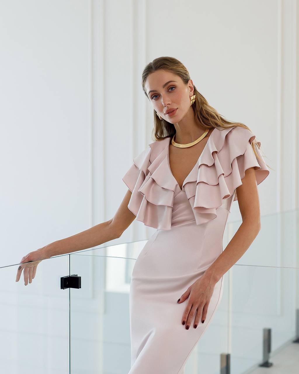 Elegant Midi Dress in Premium Mango Satin with Ruffle Details