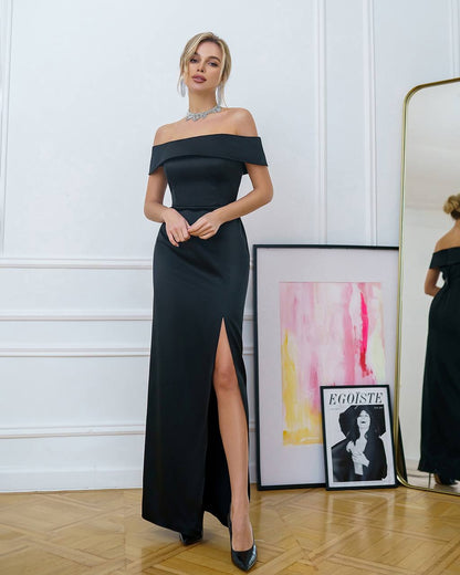 Elegant Women's Off Shoulder Maxi Dress with Side Slit in Black