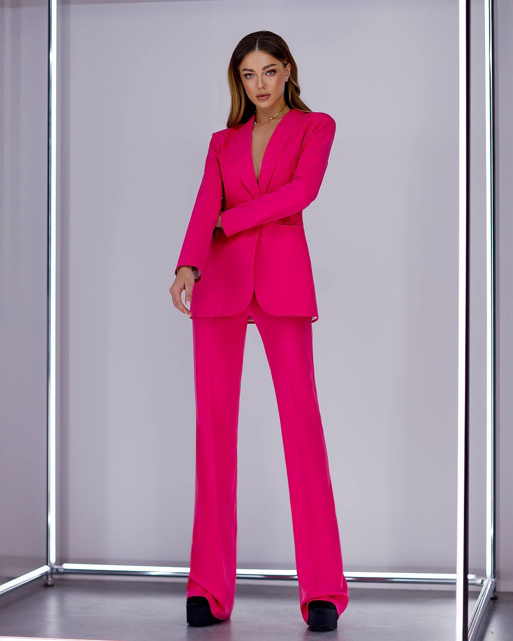 Womens Pink Suit with Lined Blazer and Flared Pants