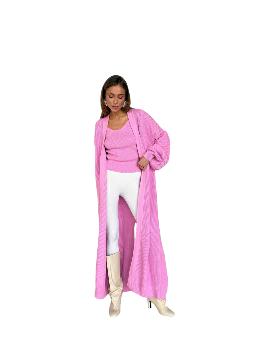 Long Pink Dropped Sleeve Cardigan for Women