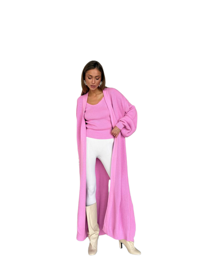 Long Pink Dropped Sleeve Cardigan for Women