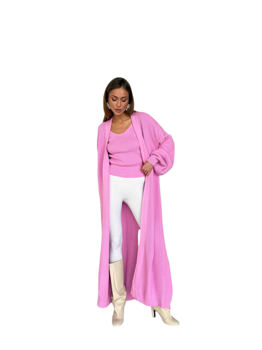 Long Pink Dropped Sleeve Cardigan for Women